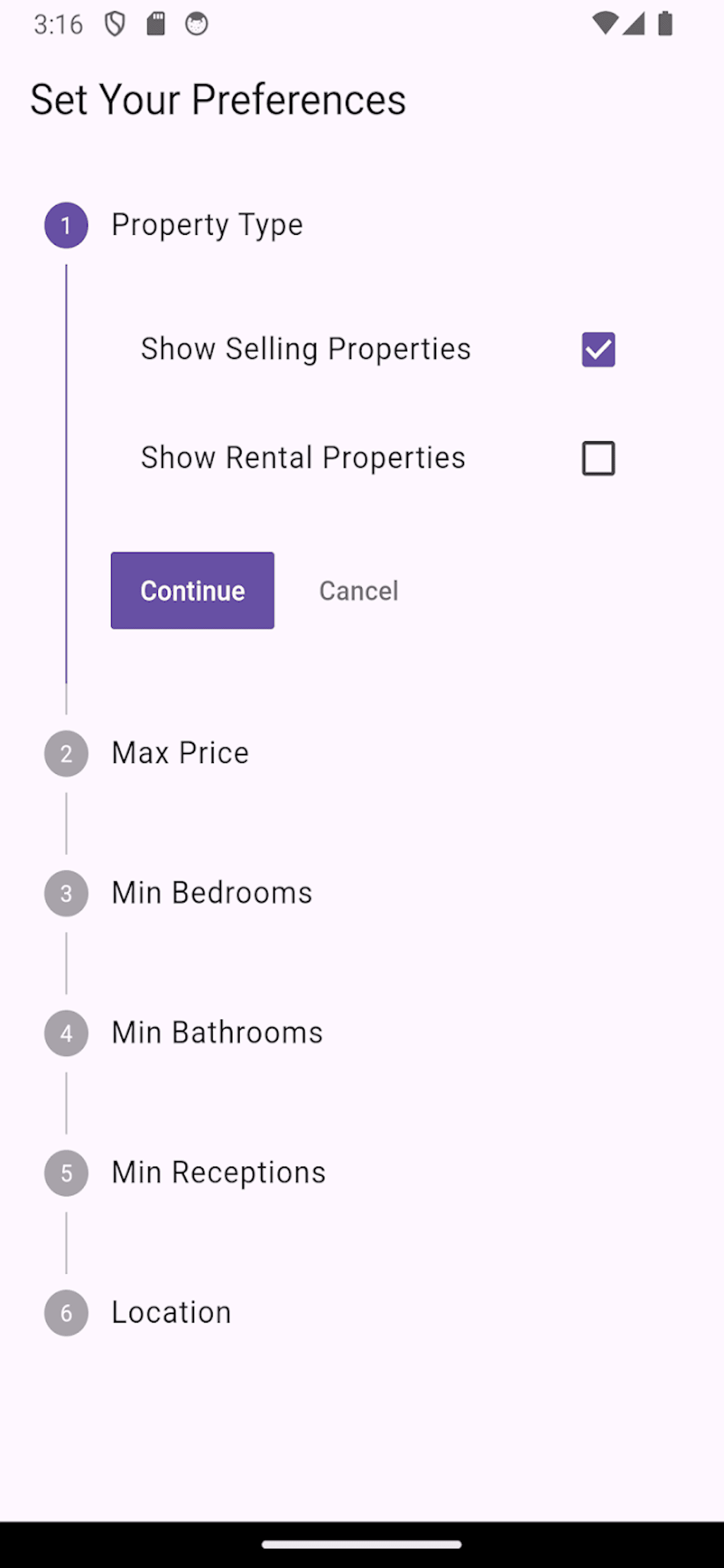 App screen shot for Set Your Preferences functionality